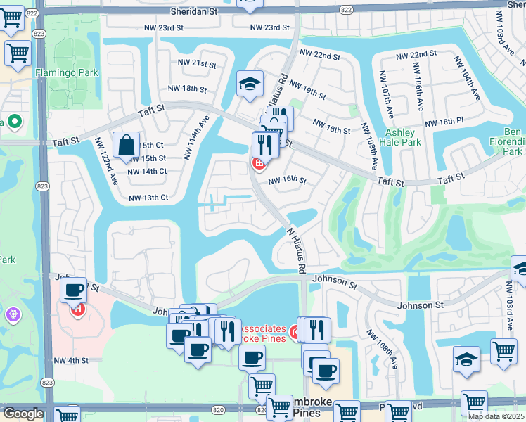 map of restaurants, bars, coffee shops, grocery stores, and more near 1512 Northwest 112th Terrace in Pembroke Pines