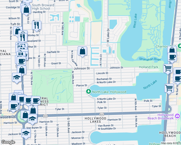 map of restaurants, bars, coffee shops, grocery stores, and more near 1215 Lincoln Street in Hollywood