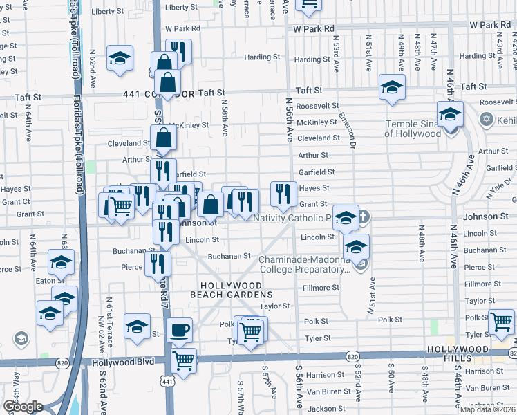 map of restaurants, bars, coffee shops, grocery stores, and more near 5701 Grant Street in Hollywood