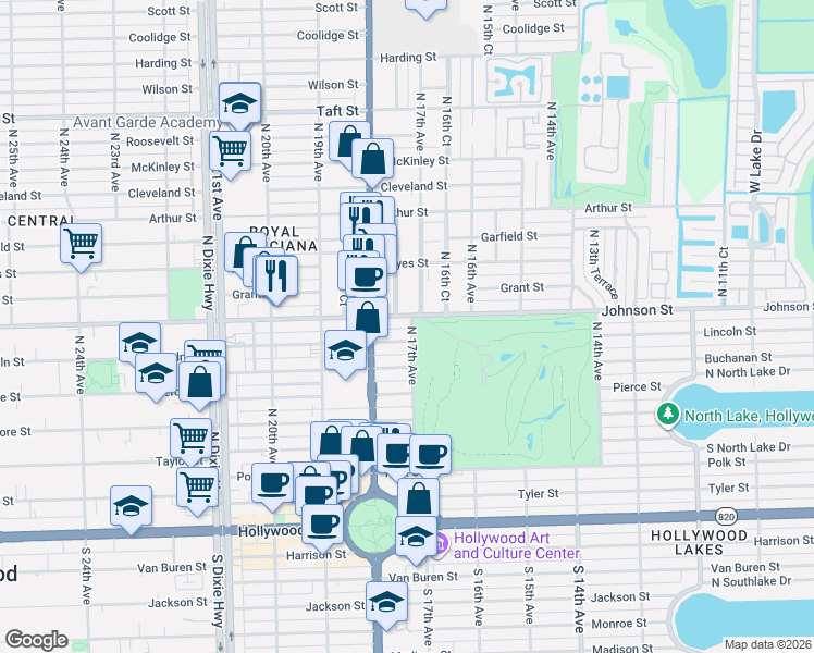 map of restaurants, bars, coffee shops, grocery stores, and more near 1727 Johnson Street in Hollywood