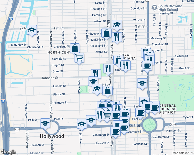 map of restaurants, bars, coffee shops, grocery stores, and more near in Hollywood