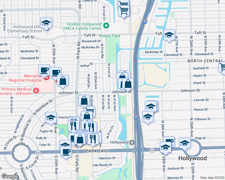 map of restaurants, bars, coffee shops, grocery stores, and more near 909 North 31st Court in Hollywood