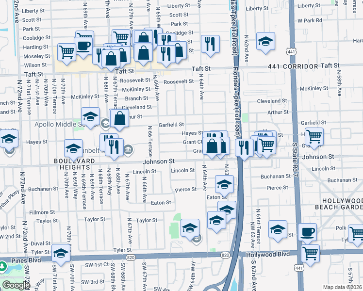 map of restaurants, bars, coffee shops, grocery stores, and more near 6531 Grant Court in Hollywood