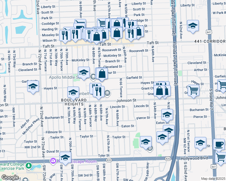 map of restaurants, bars, coffee shops, grocery stores, and more near 950 North 66 Terrace in Hollywood