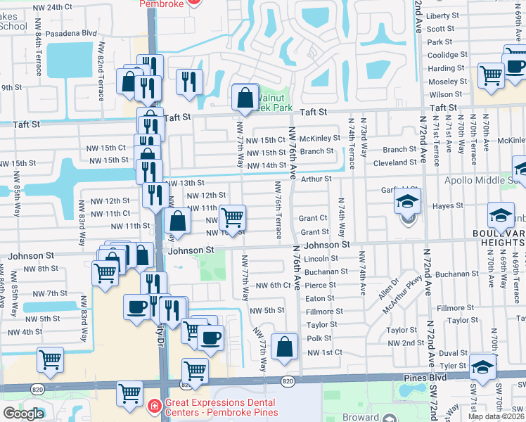 map of restaurants, bars, coffee shops, grocery stores, and more near 7721 Northwest 11th Court in Pembroke Pines
