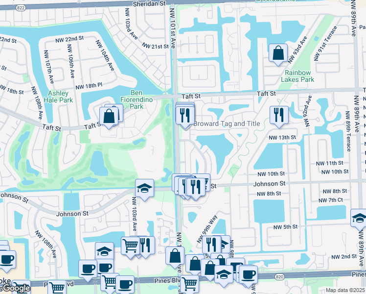 map of restaurants, bars, coffee shops, grocery stores, and more near 1311 North Palm Avenue in Pembroke Pines