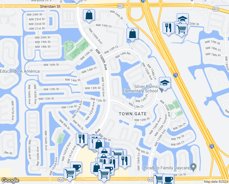 map of restaurants, bars, coffee shops, grocery stores, and more near 1255 Northwest 159th Lane in Pembroke Pines