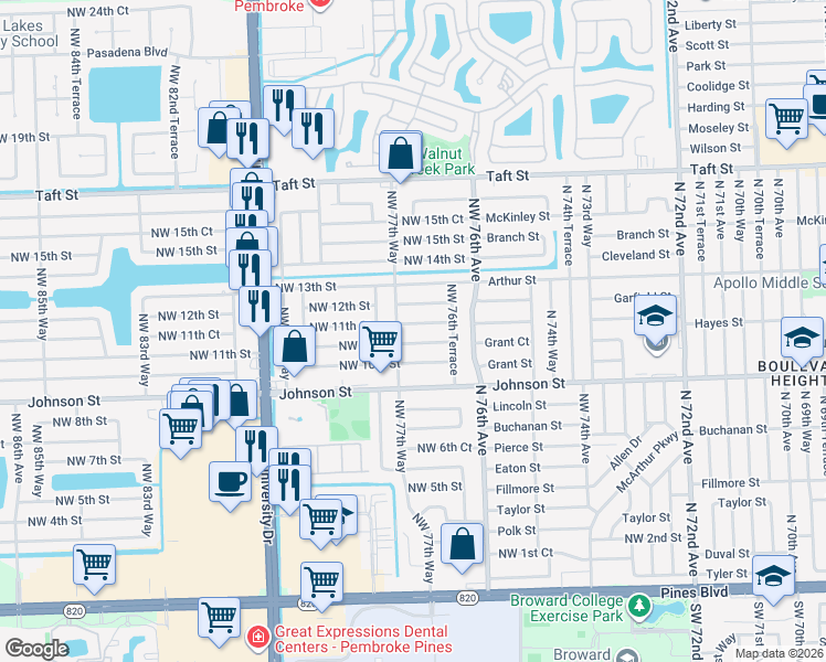map of restaurants, bars, coffee shops, grocery stores, and more near 7721 Northwest 11th Court in Pembroke Pines