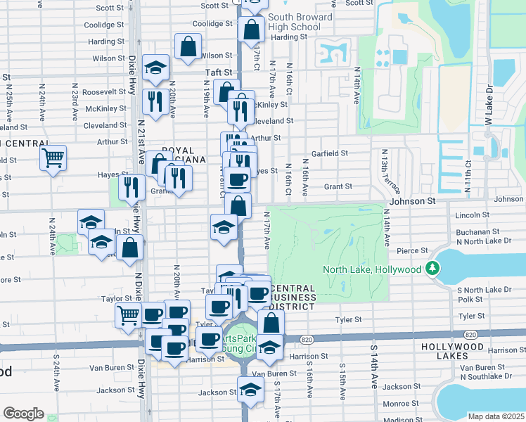 map of restaurants, bars, coffee shops, grocery stores, and more near 820 North 17th Avenue in Hollywood