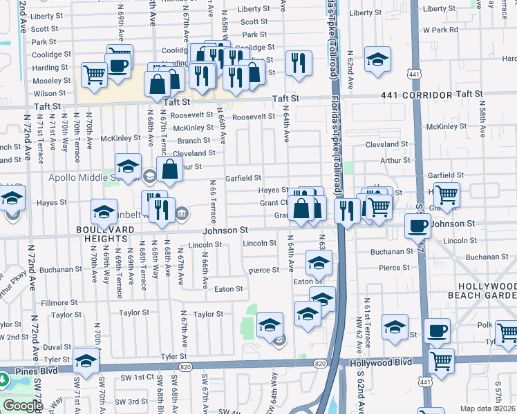 map of restaurants, bars, coffee shops, grocery stores, and more near 6531 Grant Court in Hollywood