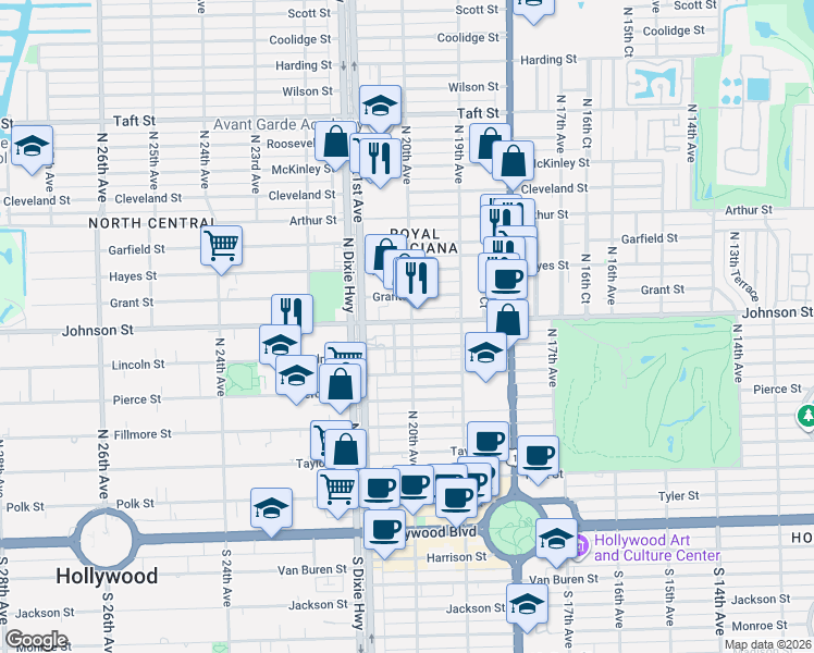 map of restaurants, bars, coffee shops, grocery stores, and more near 2017 Johnson Street in Hollywood