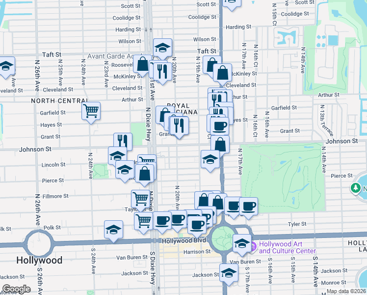 map of restaurants, bars, coffee shops, grocery stores, and more near 1941 Johnson Street in Hollywood