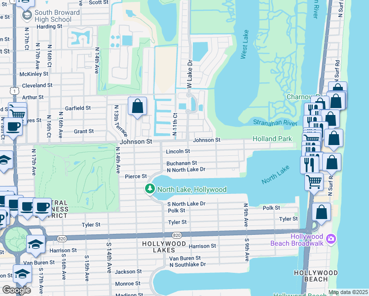 map of restaurants, bars, coffee shops, grocery stores, and more near 1106 Johnson Street in Hollywood