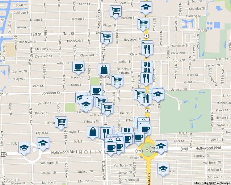 map of restaurants, bars, coffee shops, grocery stores, and more near 2017 Johnson Street in Hollywood