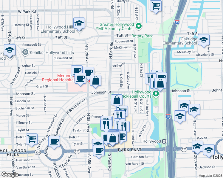 map of restaurants, bars, coffee shops, grocery stores, and more near 3246 Grant Street in Hollywood