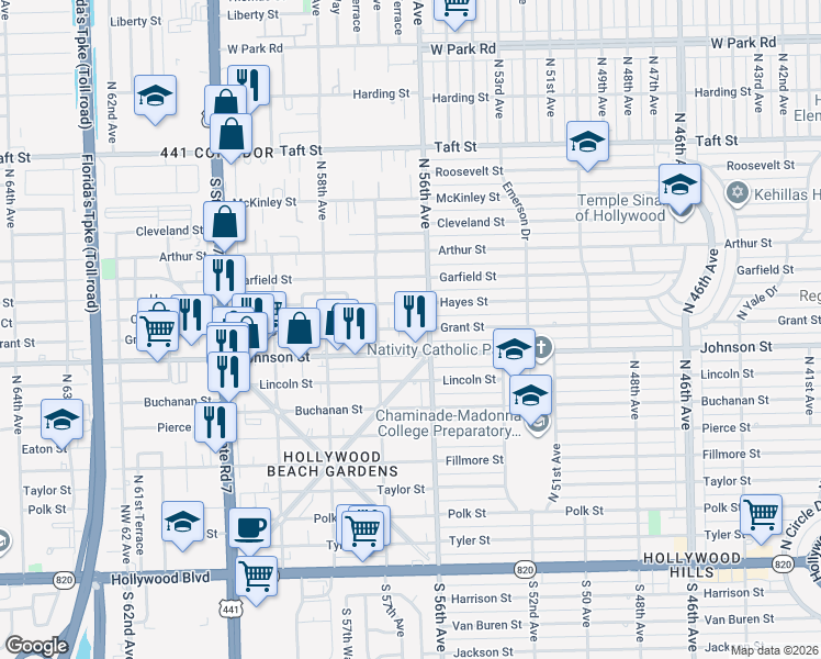 map of restaurants, bars, coffee shops, grocery stores, and more near 5601 Grant Street in Hollywood