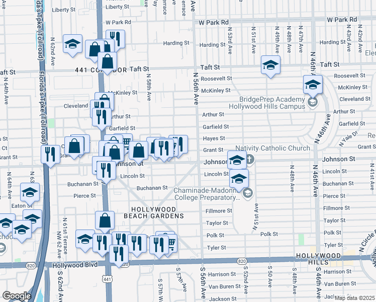map of restaurants, bars, coffee shops, grocery stores, and more near 5601 Grant Street in Hollywood