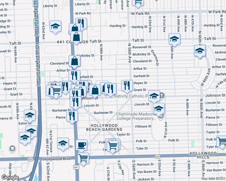 map of restaurants, bars, coffee shops, grocery stores, and more near 5701 Grant Street in Hollywood
