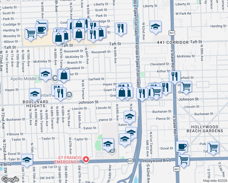 map of restaurants, bars, coffee shops, grocery stores, and more near 6417 Grant Court in Hollywood