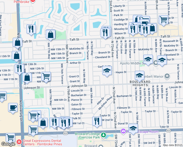 map of restaurants, bars, coffee shops, grocery stores, and more near 1121 North 74th Terrace in Hollywood
