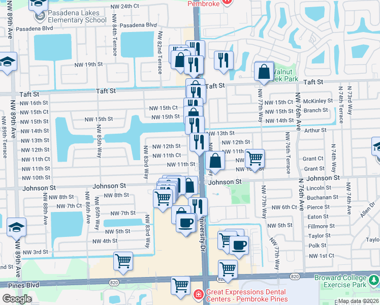 map of restaurants, bars, coffee shops, grocery stores, and more near 8110 Northwest 12th Street in Pembroke Pines