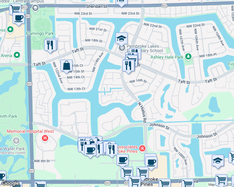 map of restaurants, bars, coffee shops, grocery stores, and more near 11311 Northwest 15th Place in Pembroke Pines