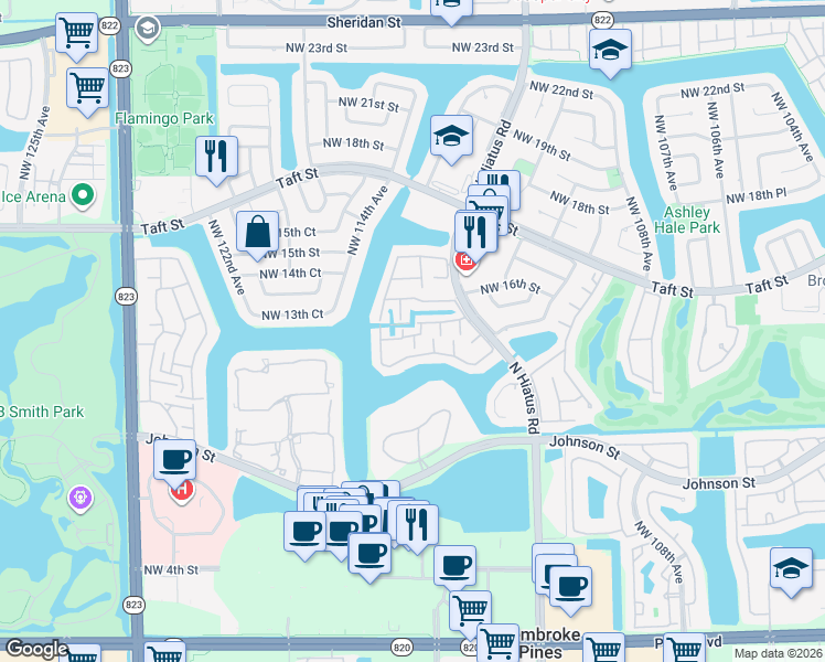 map of restaurants, bars, coffee shops, grocery stores, and more near 11311 Northwest 15th Place in Pembroke Pines
