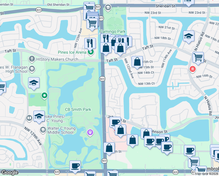map of restaurants, bars, coffee shops, grocery stores, and more near 12387 Northwest 13th Court in Pembroke Pines