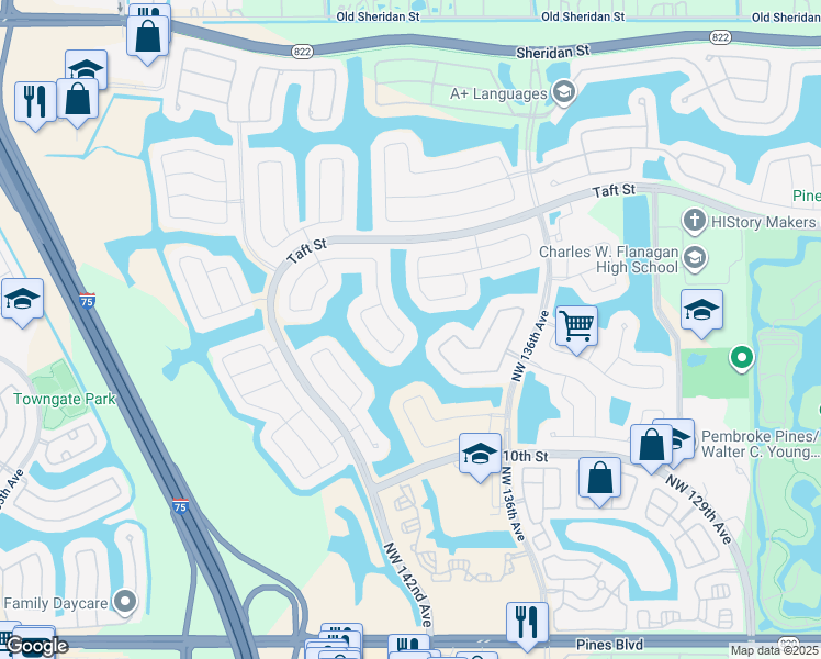 map of restaurants, bars, coffee shops, grocery stores, and more near 1311 Northwest 139th Avenue in Pembroke Pines
