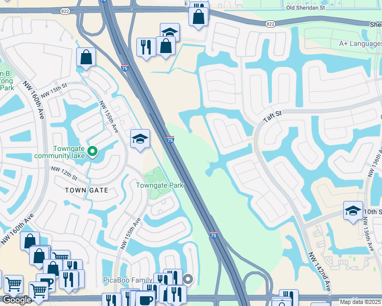 map of restaurants, bars, coffee shops, grocery stores, and more near 1630 Northwest 144th Way in Pembroke Pines