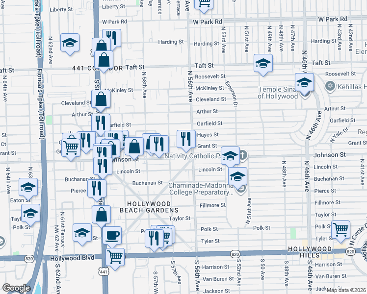 map of restaurants, bars, coffee shops, grocery stores, and more near 5601 Grant Street in Hollywood