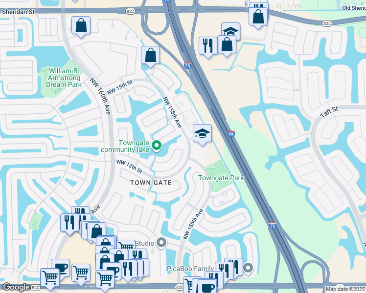 map of restaurants, bars, coffee shops, grocery stores, and more near 1325 Northwest 155th Lane in Pembroke Pines
