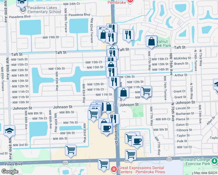 map of restaurants, bars, coffee shops, grocery stores, and more near 8110 Northwest 12th Street in Pembroke Pines