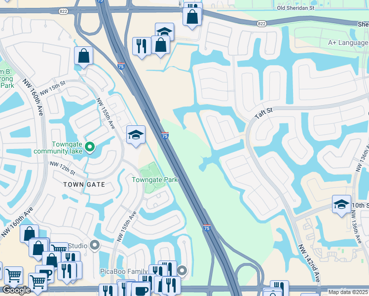 map of restaurants, bars, coffee shops, grocery stores, and more near 1630 Northwest 144th Way in Pembroke Pines