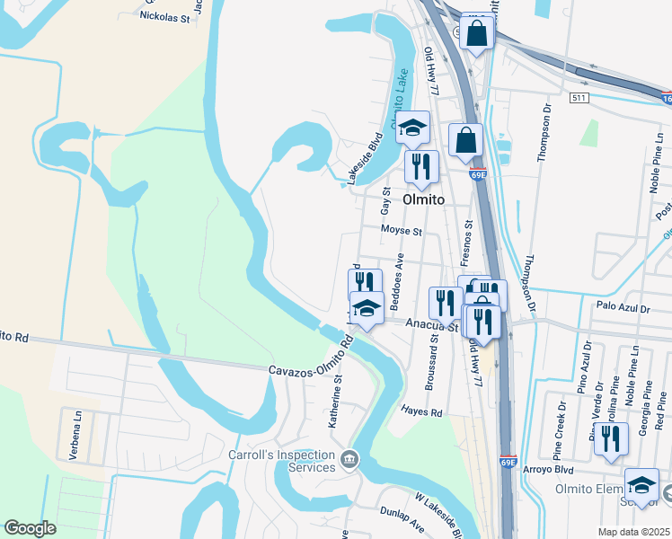 map of restaurants, bars, coffee shops, grocery stores, and more near Anacu St in Olmito