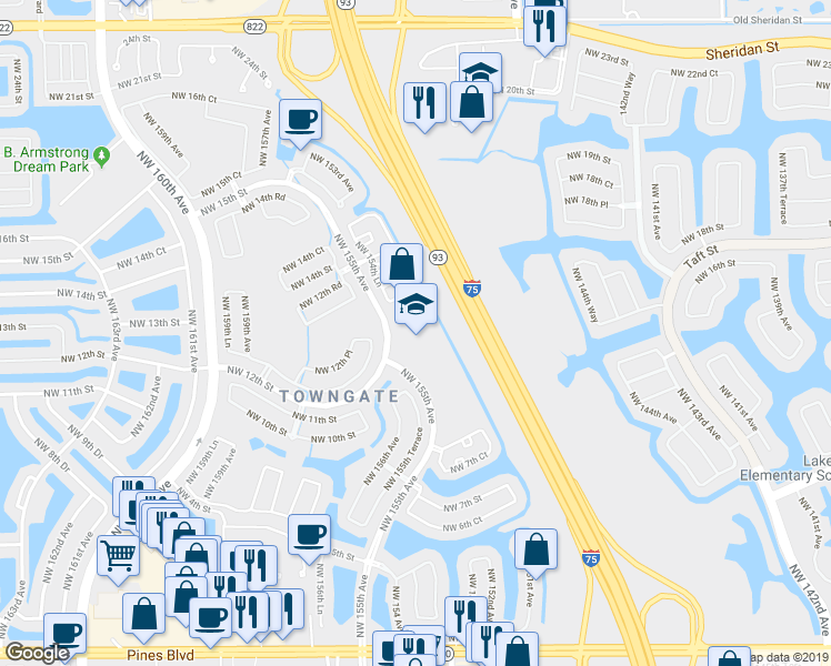 map of restaurants, bars, coffee shops, grocery stores, and more near 1209 Northwest 155th Avenue in Pembroke Pines