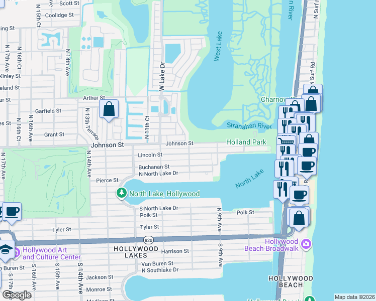 map of restaurants, bars, coffee shops, grocery stores, and more near 851 North 10th Avenue in Hollywood