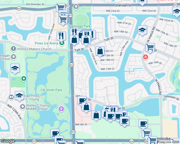 map of restaurants, bars, coffee shops, grocery stores, and more near 1309 Northwest 122nd Terrace in Pembroke Pines