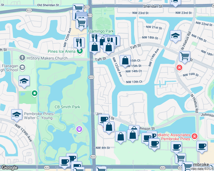 map of restaurants, bars, coffee shops, grocery stores, and more near 12286 Northwest 13th Court in Pembroke Pines