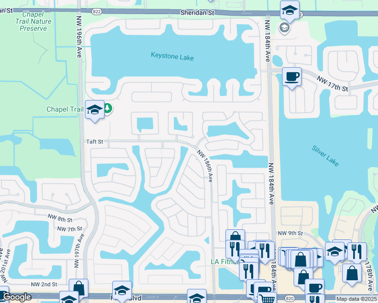 map of restaurants, bars, coffee shops, grocery stores, and more near 1396 Northwest 192nd Avenue in Pembroke Pines
