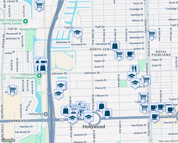 map of restaurants, bars, coffee shops, grocery stores, and more near 2610 Grant Street in Hollywood