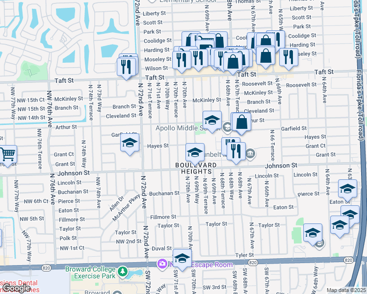 map of restaurants, bars, coffee shops, grocery stores, and more near 1101 North 70th Terrace in Hollywood