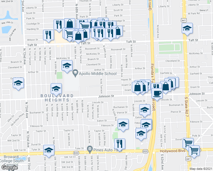 map of restaurants, bars, coffee shops, grocery stores, and more near Grant Court in Hollywood