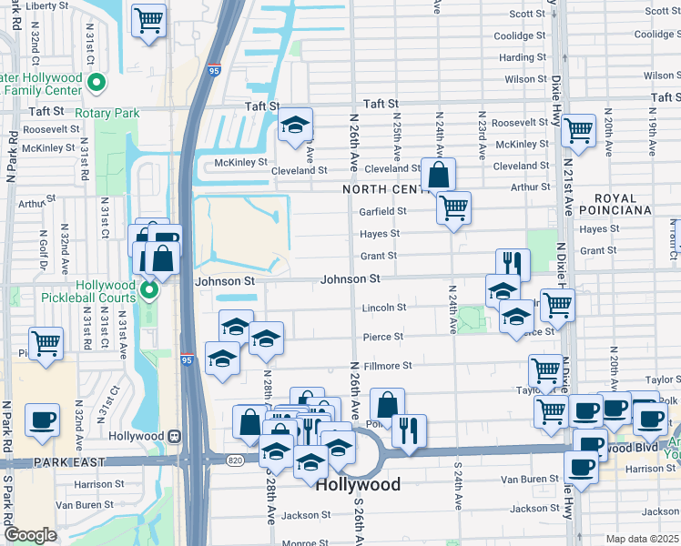 map of restaurants, bars, coffee shops, grocery stores, and more near 2610 Grant Street in Hollywood