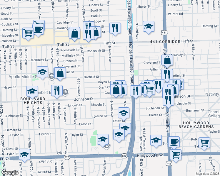 map of restaurants, bars, coffee shops, grocery stores, and more near 6329 Grant Court in Hollywood
