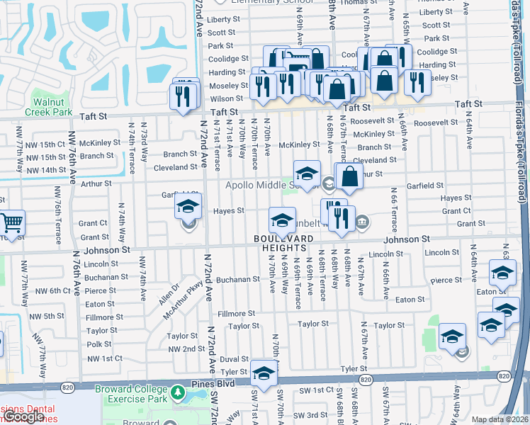 map of restaurants, bars, coffee shops, grocery stores, and more near 1101 North 70th Terrace in Hollywood