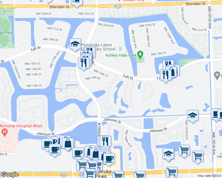 map of restaurants, bars, coffee shops, grocery stores, and more near 1431 West Fairway Road in Pembroke Pines
