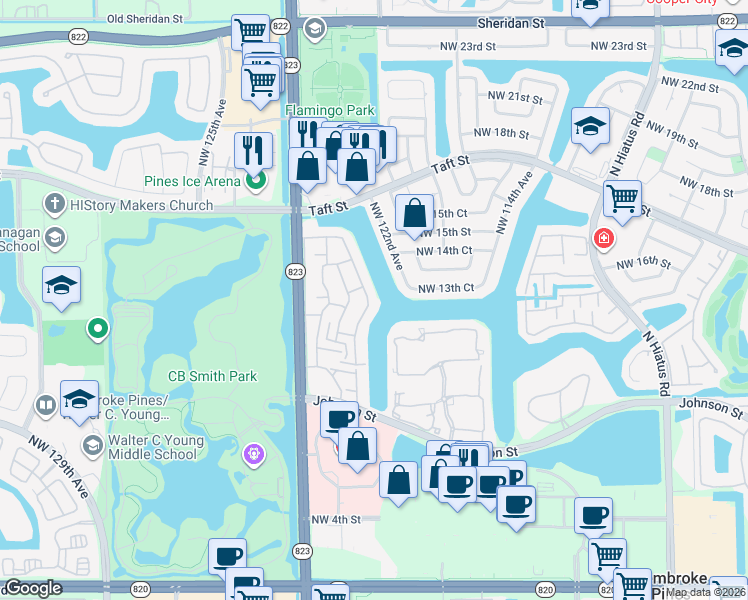 map of restaurants, bars, coffee shops, grocery stores, and more near 1309 Northwest 122nd Terrace in Pembroke Pines