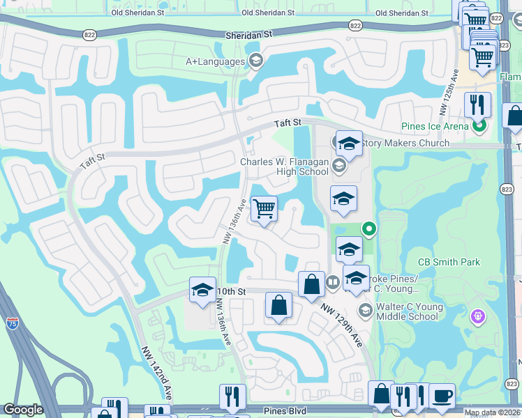 map of restaurants, bars, coffee shops, grocery stores, and more near 13387 Northwest 14th Street in Pembroke Pines