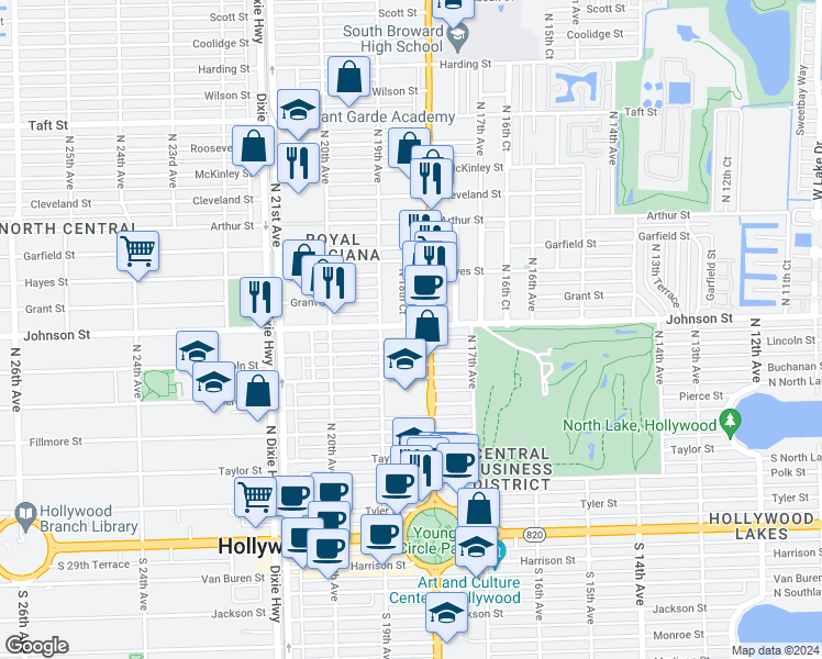 map of restaurants, bars, coffee shops, grocery stores, and more near 1820 Johnson Street in Hollywood